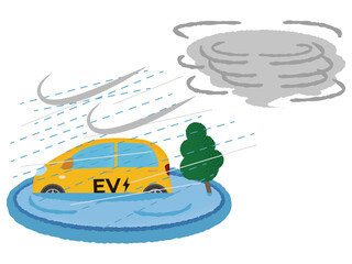 台風の被害に遭う黄色い電気自動車のベクターイラスト