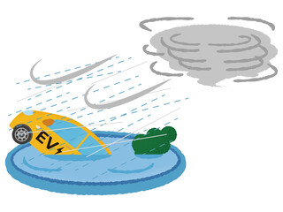 台風の被害に遭う黄色い電気自動車のベクターイラスト