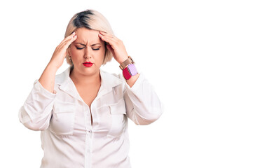 Young blonde plus size woman wearing casual shirt with hand on head for pain in head because stress. suffering migraine.