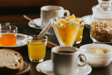 breakfast with coffee and fruit salad