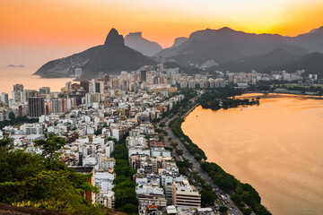 View of Ipanema and Leblon District Buildings and Mountains by Sunset in Rio de Janeiro, Brazil