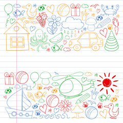 Naklejka premium Vector kindergarten pattern with helicopter, house, toys, ship. Boys and girls online education.
