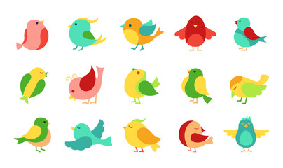 Bird in different pose cartoon set. Cute colorful little flying birds. Hand drawn flat abstract icon. Modern trendy logo. Vector illustration