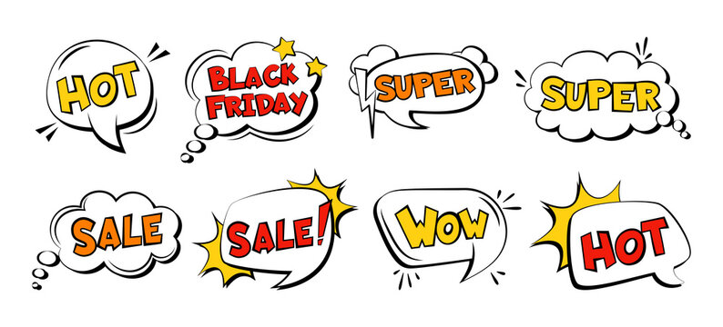 Black Friday Speech bubble comic sale template set. Retro design font, label explosion, cloud, message. Text, dialog clouds halftone dot background. Advertising sales, promotion, cartoon discount.