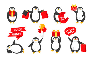 Black Friday Penguin cartoon set. Smile happy character with sale background or speech bubble. Cute flat hand drawn penguins collection. Isolated vector illustration