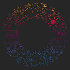 Vector kindergarten pattern with helicopter, house, toys, ship. Boys and girls online education.