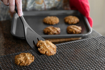 Homemade anzac biscuits being transferred onto a cooking rack.