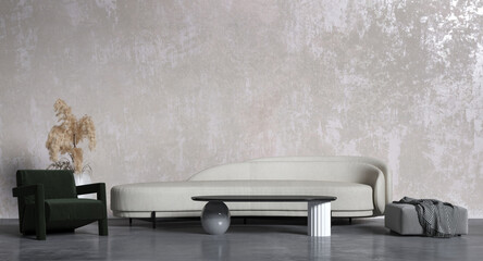 Modern luxury cozy and mock up interior design of living room and concrete wall texture background 