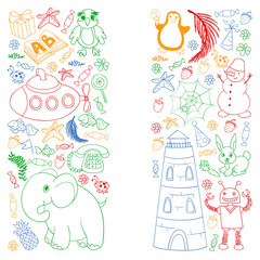 Vector kindergarten pattern with animals and toys. Illustration for little boys and girls.
