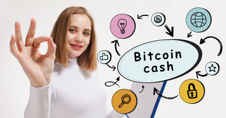 Business, technology, internet and network concept. Young businessman thinks over the steps for successful growth: Bitcoin cash