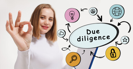 Business, technology, internet and network concept. Young businessman thinks over the steps for successful growth: Due diligence