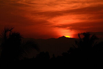 Beautiful sunset with the silhouette of coconut trees