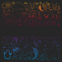 Vector kindergarten pattern with animals and toys. Illustration for little boys and girls.
