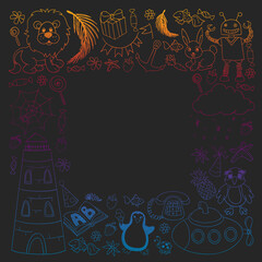 Vector kindergarten pattern with animals and toys. Illustration for little boys and girls.