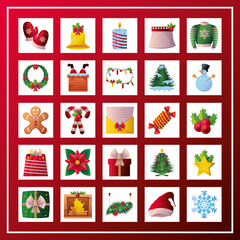 set of christmas icons on red background