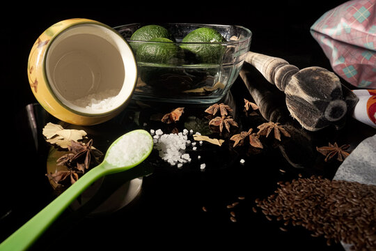 Latin America, Mexico, Central America, Nicaragua traditional species. Linseed, Linum usitatissimum, coarse grained salt, aniz, pimpinella anisum, bay leaf and green bitter orange.