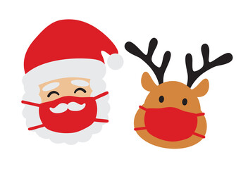 Vector illustration of Santa clause and reindeer wearing a face mask during the pandemic.