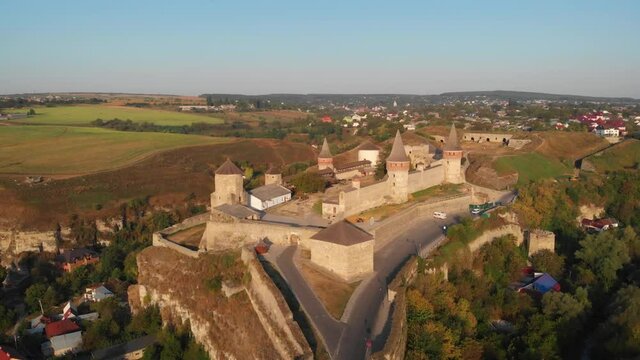 Tourists depart the Kamianets Podilskyi castle in Ukraine
