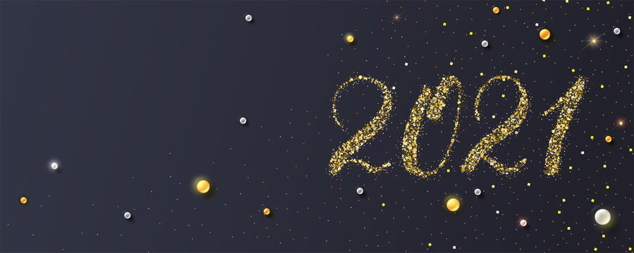 Happy New Year 2021. Handdrawed Numbers, Glittering Golden Dust And Pearls. New Year S Poster, Headers For Website. Festive Vector 3D Illustration.