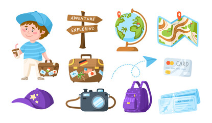 Traveling cartoon cute boy with coffee and suitcase - kids travel or vacation clipart bundle, character with globe, air tickets, camera, backpack, isolated elements on white background - vector