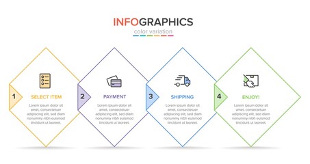 Concept of shopping process with 4 successive steps. Four colorful graphic elements. Timeline design for brochure, presentation, web site. Infographic design layout.