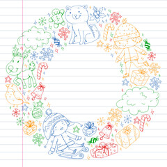 Christmas winter vector background with children. Kids vacation and sport.