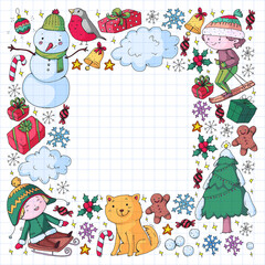 Christmas winter vector background with children. Kids vacation and sport.