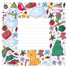 Christmas winter vector background with children. Kids vacation and sport.