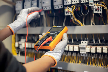Electrician engineer uses a multimeter to test the electrical installation and power line current...