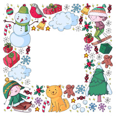 Obraz na płótnie Canvas Christmas winter vector background with children. Kids vacation and sport.