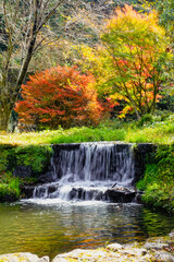 Fototapeta na wymiar 湯平温泉（大分県由布市）、花合野川の滝の紅葉