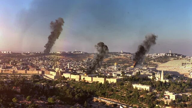 Jerusalem in War with smoke and jet- aerial view
Live drone Action footage with visual effect elements,old city, east Jerusalem- 4K 
