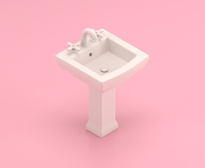 Isometric 3d Icon, a tall white bathroom sink in flat color pink room,single color white, cute toylike household objects, 3d rendering