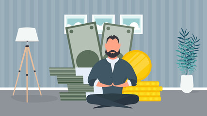 The man is meditating on the background of money.
Business man doing yoga. Large stack of dollars and gold coins. Vector.