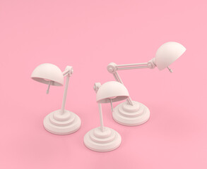 Isometric 3d Icon, three desk lamps in flat color pink studio ,single color white, cute toylike office objects, 3d rendering