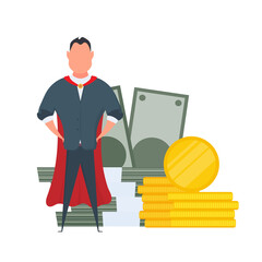A businessman in a red cloak with a mountain of money. Business concept of motivation and achievement. Isolated. Vector.