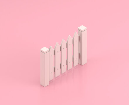 Isometric 3d Icon, a group of white fance part in flat color pink room,single color white, cute toylike gardening objects, 3d rendering