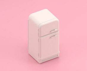 Isometric white  vintage refrigerator in flat color pink room,single color white, cute toylike household objects, 3d rendering, 3d icon