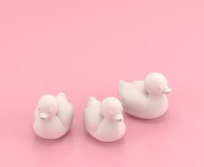 Isometric white rubber ducky in flat color pink room,single color white, cute toylike household objects, 3d rendering, 3d icon