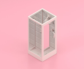 Isometric white shower cabinet in flat color pink room,single color white, cute toylike household objects, 3d rendering, 3d icon