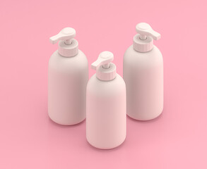 Isometric white soap dispenser in flat color pink room,single color white, cute toylike household objects, 3d rendering, 3d icon