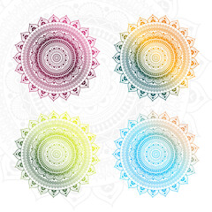 Round mandala background with various colour gradient combinations. Design for any card, birthday, other holiday, kaleidoscope, yoga, india, folk, arabic. Indian pattern.