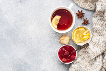 Lemon raspberry jam hot tea. Warming products for the prevention of colds and flu. Copy space.