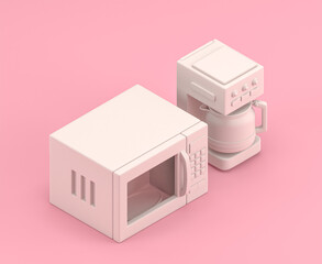 Isometric microwave and coffee maker, 3d Icon in flat color pink room,single color white,3d rendering