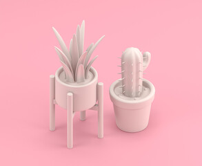Isometric  house plant and cactus, 3d Icon in flat color pink room,single color white,3d rendering