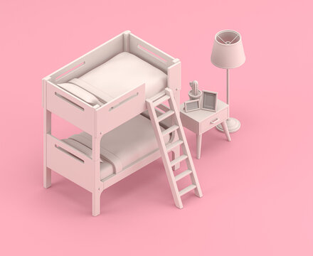 Isometric bedroom with A White single color Bunk Bed and floor lamp, 3d Icon in flat color pink room,cute toylike household objects, 3d rendering