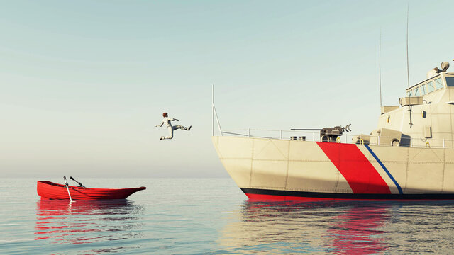 Man jumping from a small boat to a ship . Progress and ambition concept. This is a 3d render illustration .