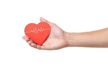man hand holding red heart with cardiogram,health care concept, isolated on a white background with clipping path