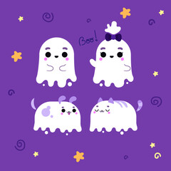 Cute Halloween Ghosts (cute standard ghost, cute ghost girl, cute ghost dog and cute ghost cat)