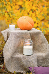 Pumpkin. One pumpkin lies on the approach with two candles on the background of the autumn forest. Autumn background. Vertical photo